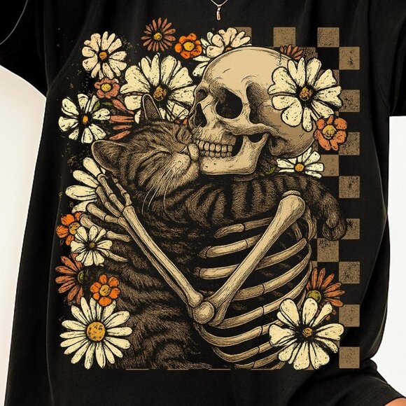 Skeleton Hugging Cat Shirt, Boho Floral Fall Tee - Picture 2 of 4